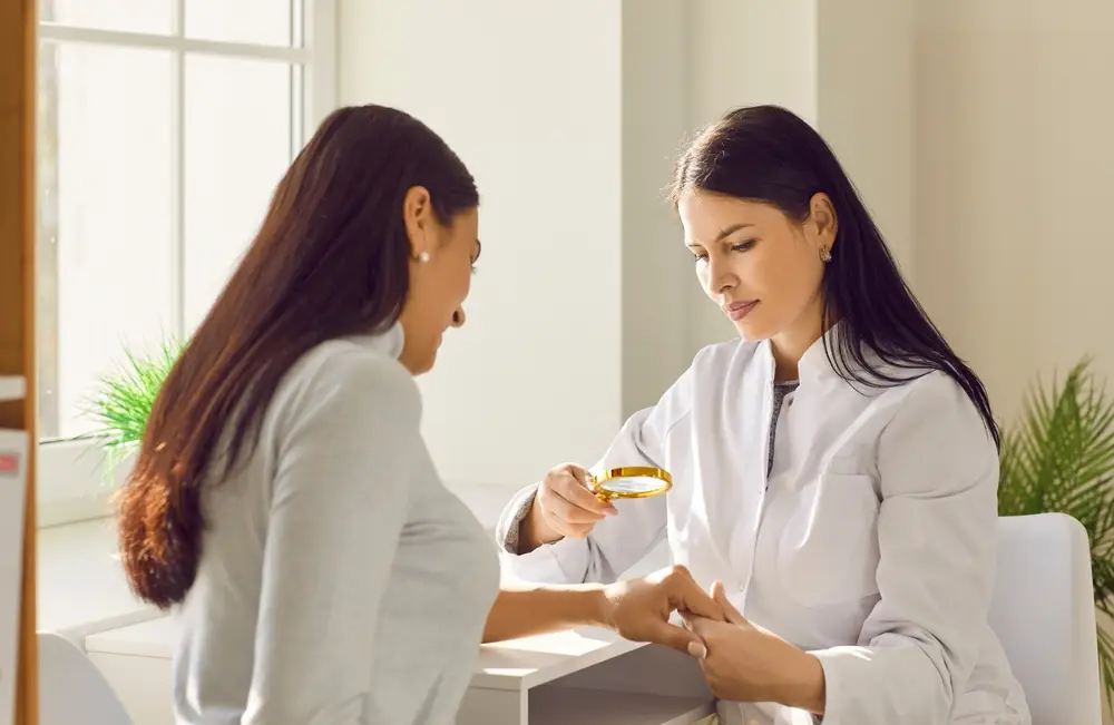 Dermatology provider examining a patient's skin with a magnifier